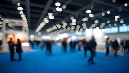 A blurred image of a bustling exhibition hall filled with people, illuminated by bright lights and decorated with large, indistinct displays on a blue carpet
