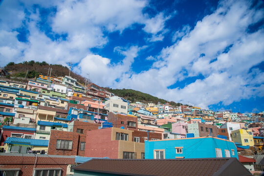 Gamcheon Culture Village in Busan is a colourful hillside town known for its pastel houses, murals, and coastal views, now a vibrant cultural hub. Night scene of Gamcheon Culture Village.