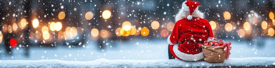 Santa claus on a snowy chimney at night with gifts, city lights and falling snow in the background