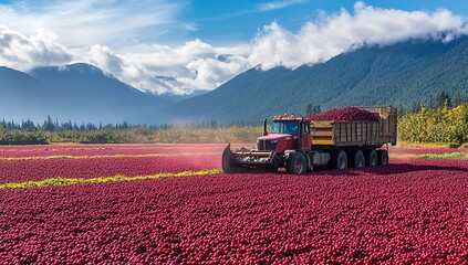 Obraz premium A photograph of a large truck harvesting cranberries in British Columbia, Canada, with mountains