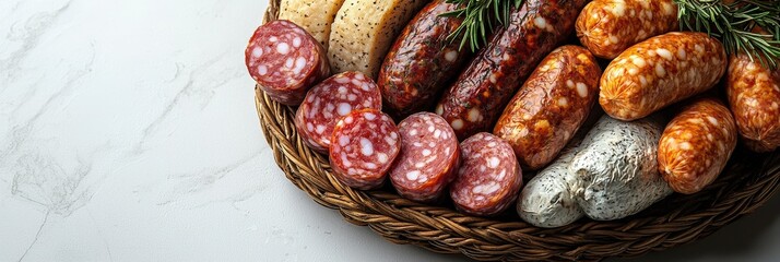 Obraz premium A beautifully crafted arrangement of assorted sausages displayed in a wicker basket, complemented by fresh herbs, evoking feelings of warmth and culinary artistry.