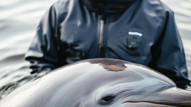 Marine biologists conduct dolphin tagging research during Dolphin Awareness Month in a serene ocean setting with eco friendly equipment