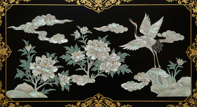 Graceful Korean mother-of-pearl inlay with cranes, clouds, peonies, symbolizing longevity elegance Incrustaci&oacute;n coreana de n&aacute;car con grullas, nubes y peon&iacute;as, simbolizando longevidad y elegancia.