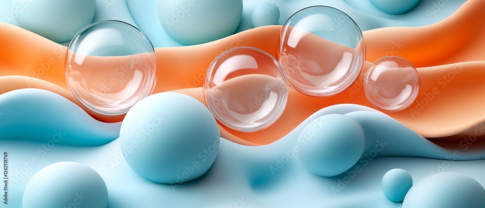Poster an abstract design featuring soft waves in blue and orange, adorned with translucent bubbles, creati