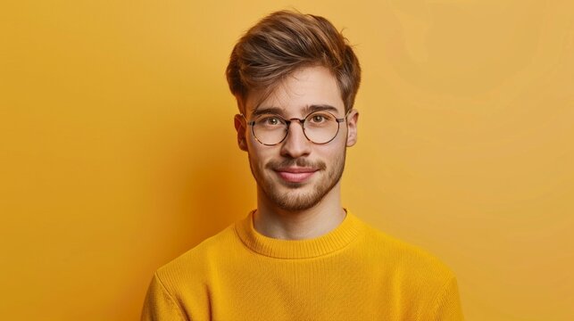 Portrait of a young man wearing glasses on a bright background, perfect for lifestyle blogs, educational material or glasses adverts.