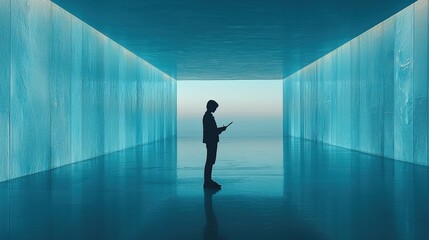 Fototapeta premium Silhouette of a Youth Using Smartphone in Futuristic Blue Space