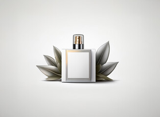 Elegant square perfume bottle with a silver cap and blank label is showcased amidst stylized silver leaves on a soft white backdrop. Minimalist design.