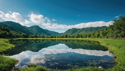 Serene landscape showcasing a tranquil lake reflecting mountains and blue sky in a lush green valley during daytime