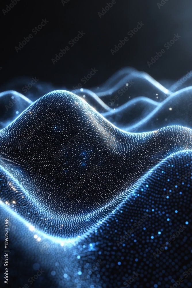 Poster glowing particles form undulating waves in a dark environment, creating a captivating digital landsc