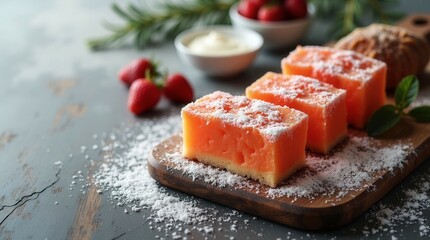 A plate of orange cake with powdered sugar on top. The cake is cut into three pieces. There are strawberries on the table as well