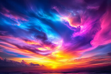 Sunset Sky with Dramatic Swirling Clouds in Shades of Pink, Orange, and Violet, Blending Together into an Ethereal, Dreamy Landscape with a Magical Glow