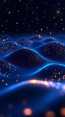 Fototapeta premium Fluid blue waves undulate softly across a dark background, adorned with shimmering particles that create a mesmerizing digital atmosphere at night