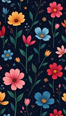 Obraz premium Dark whimsical wildflowers, delicate blooms, seamless repeat pattern, seamless, dark academia, wildflower