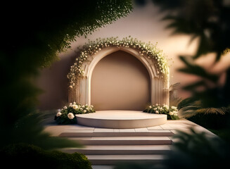 Fototapeta premium A romantic stage for a special occasion, featuring a stone arch decorated with white flowers and surrounded by lush green foliage.
