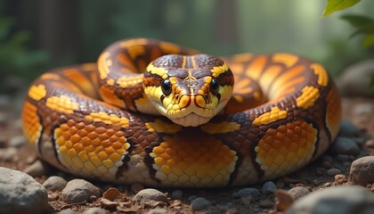 Fototapeta premium Stunning Yellow and Brown Snake Coiled on Ground