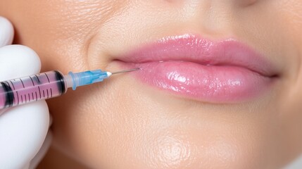 practitioner administers a cosmetic injection into the lip of a patient to enhance volume and shape, showcasing the glossy appearance of the lips and a sterile environment