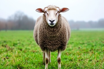Fototapeta premium Close-Up of Sheep in Green Field with Soft Foggy Background