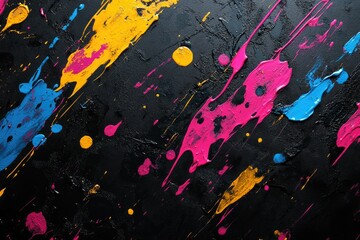 Abstract art showcasing vibrant pink, yellow, and blue paint splatters and streaks on a black...