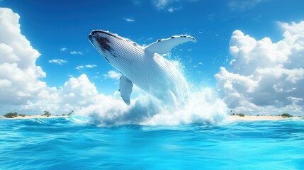 humpback whale leaps gracefully from the water, creating a splash, against a backdrop of fluffy white clouds and bright blue skies. ocean is vibrant and inviting