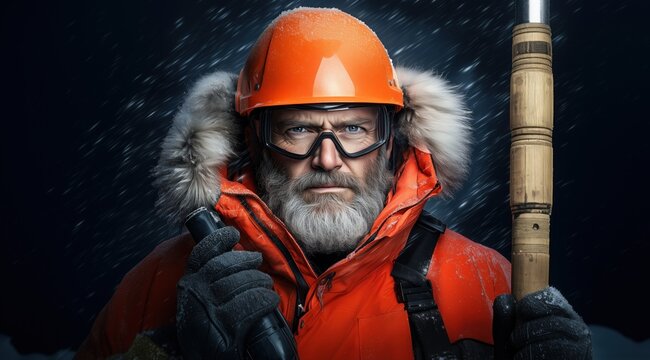 rugged adventurer stands confidently in a snowy landscape, equipped with essential tools and wearing a bright orange cold-resistant outfit. Snowflakes fall amidst a wintry backdrop