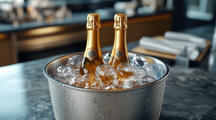 Champagne bottles chilling in ice bucket on countertop in modern restaurant