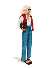 Stylish blond hair woman holding purse. Fashion woman in sunglasses. Beautiful girl casual outfit. Fashion illustration.