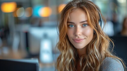 Obraz premium friendly young Caucasian support service employee 20-25 years old being in the office at her workplace near the computer monitor