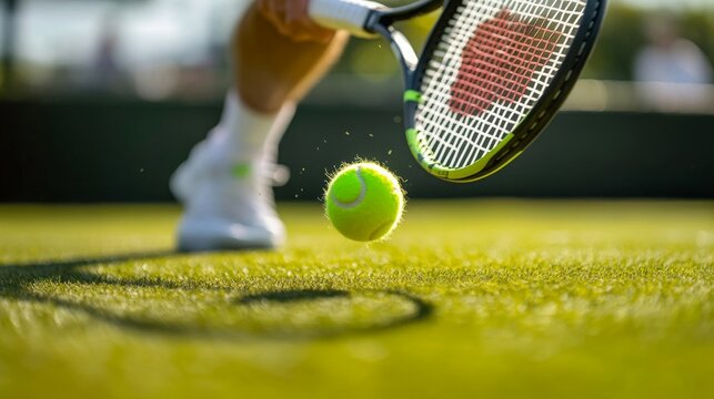 A professional tennis player hitting a powerful forehand on a grass court, with the ball flying towards their opponent.