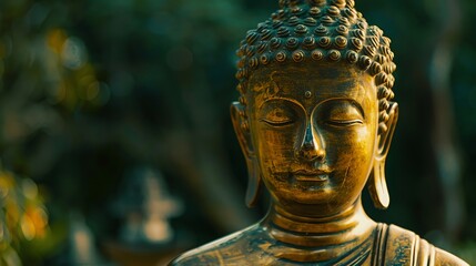 A close-up of a golden Buddha statue with eyes closed in a serene expression.