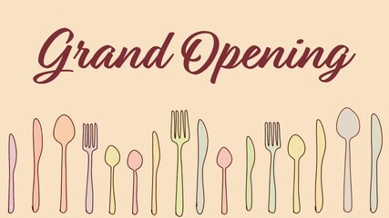 Grand Opening Spoon Fork Knife Colorful Wiggle Lines Text 