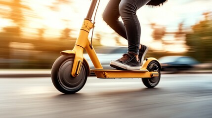 person rides a bright yellow electric scooter along a city street at dusk, with soft sunlight illuminating the scene. rush of movement creates a sense of speed and excitement