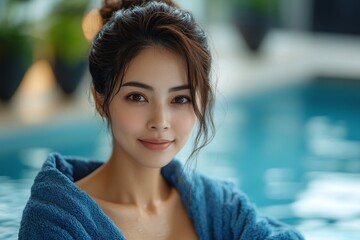 portrait of beautiful Asian 35 years old woman in blue bathrobe against pool, relax, copy space, me...