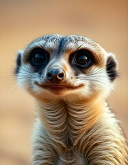 Fototapeta premium Close up of female meerkat with expressive eyes and textured fur against desert backdrop