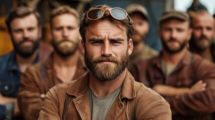 group of rugged men with beards stands together in a rustic outdoor setting, showcasing a sense of camaraderie and teamwork while dressed in work attire