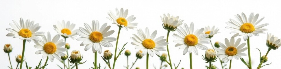 Obraz premium Delicate chamomile blossoms collage, white backdrop, background, bright, macro