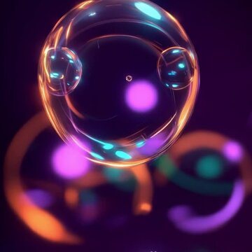 
A 3D abstract piece with floating spheres in neon colors--vibrant purple, teal, and orange--each with a reflective, glass-like surface. The spheres are arranged in an asymmetrical pattern with some o