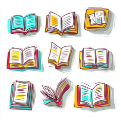 Collection of Colorful Hand Drawn Open Books and Stacked Books Illustrations