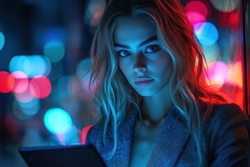 Stylish Young Woman with Tablet in Neon City Lights at Night