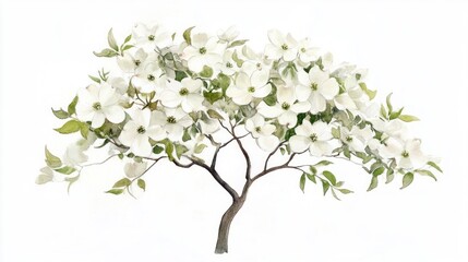 Fototapeta premium Blooming dogwood tree, spring blossoms, white flowers, isolated, nature illustration