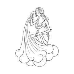 female aquarius sign - linear art. beautiful girl in antique dress with pot on shoulder pouring water