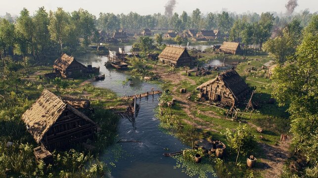 Aerial view of a medieval village nestled beside a waterway, with hazy background of explosions.  Possible use historical fiction, game art