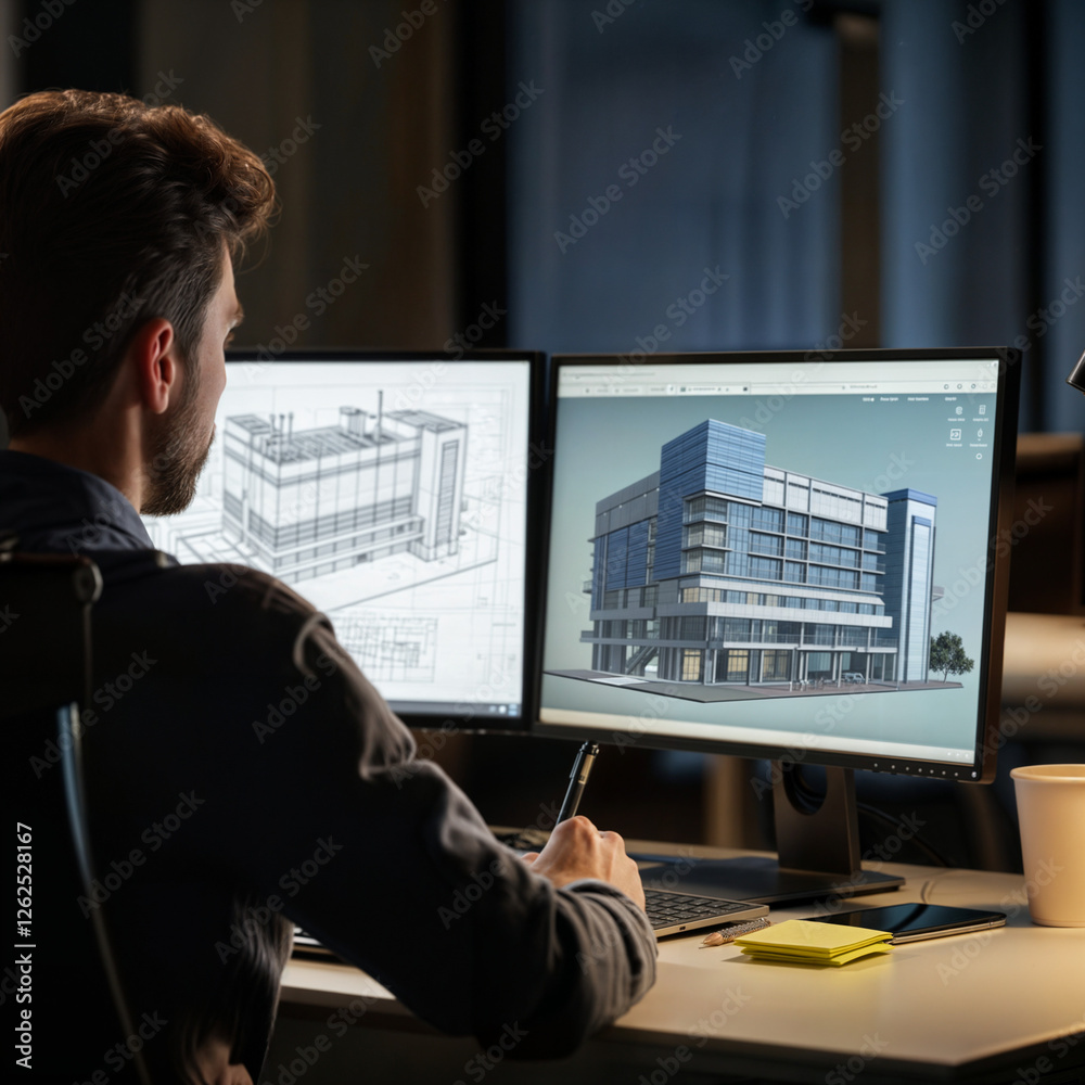 Poster engineer architect designs a building in front of a computer monitor . generative ai