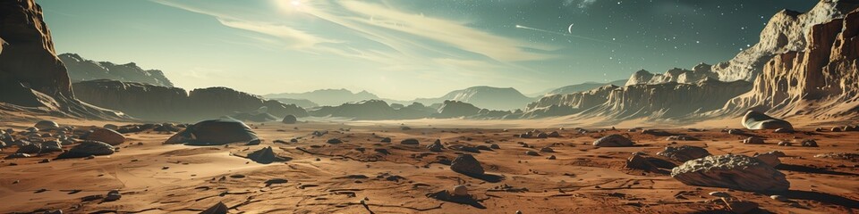 concept art Mars surface barren rocky terrain distant mountains vast landscape