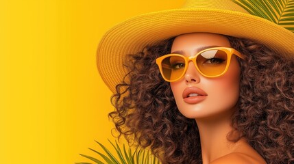 stylish woman with curly hair showcases her summer look, wearing a yellow sun hat and matching sunglasses. Her confident expression highlights the playful summer vibe of the setting