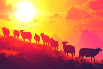 Fototapeta premium Silhouetted Sheep Against Vibrant Sunset with Colorful Mountains