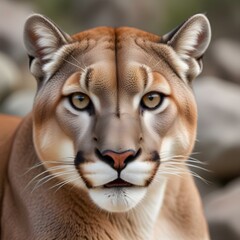 Alert mountain lion with piercing eyes, whiskers in sharp focus against rocky terrain