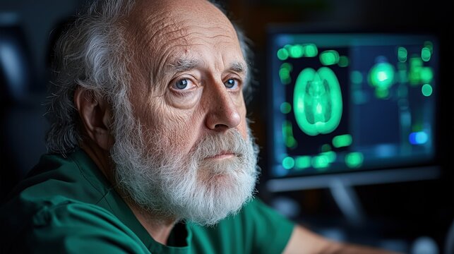 elderly doctor in green scrubs focuses intently on complex medical scans displayed on a computer monitor in a dimly lit room, showcasing expertise and dedication