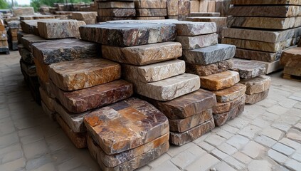 Various types of natural stones are neatly stacked in a stone yard. diverse colors and textures create an appealing arrangement under bright daylight, showcasing the materials beauty