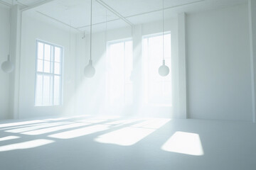 Bright laboratory space with natural light streaming through large windows and soft shadows on the floor