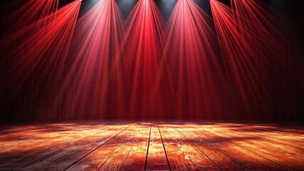 Bright red lights illuminate a wooden stage setting for a performance or theatrical production in an indoor venue
